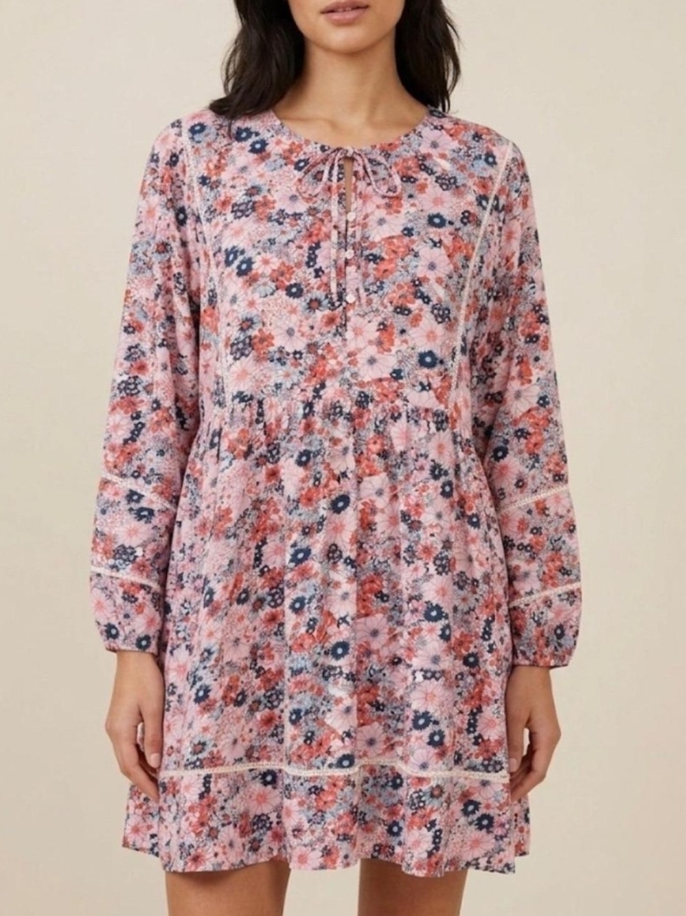 Natural Life Pink Blue Floral Lace Trim Mini Dress XL Boho Balloon Sle